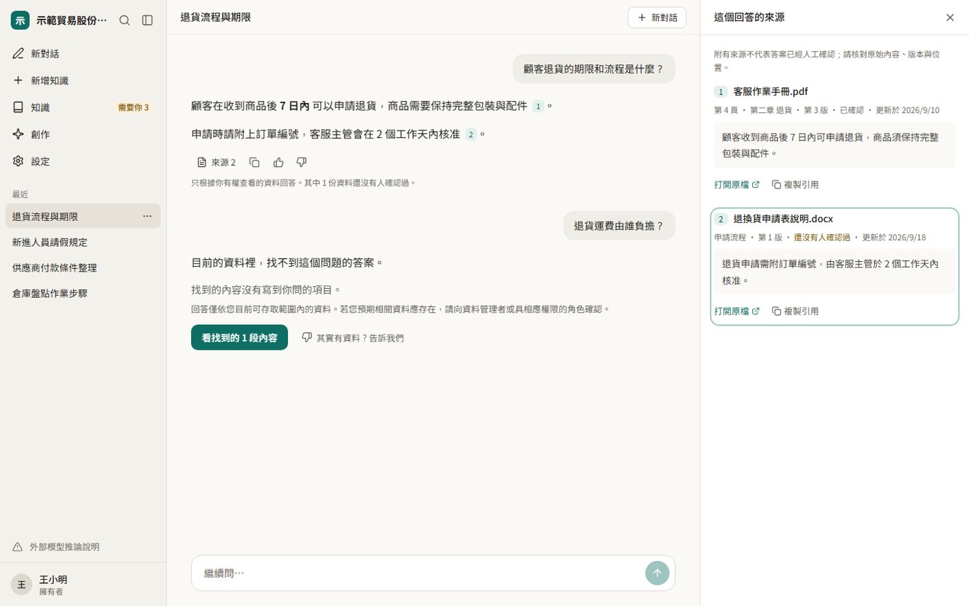 Enclave 問答畫面:回答附出處,並對找不到根據的問題直接說查不到(示範資料)